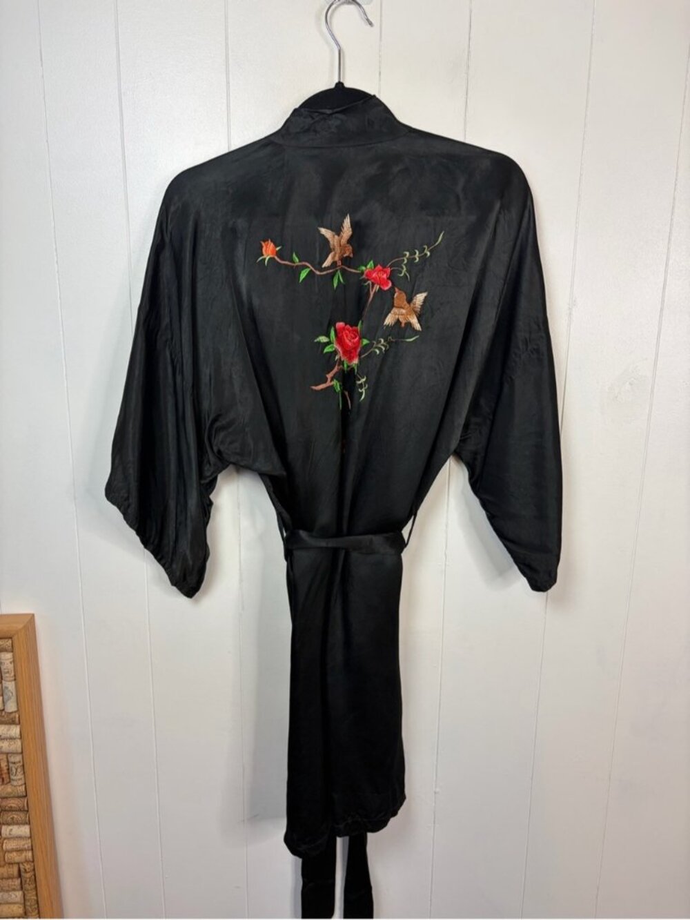 Vintage Chinese Black Satin Kimono Robe Embroidered Birds Roses Lounge medium